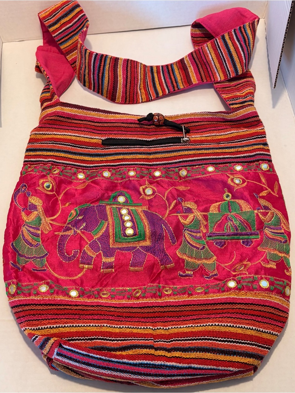 Boho Embroidered Elephant Crossbody Bag in Bright Pink
